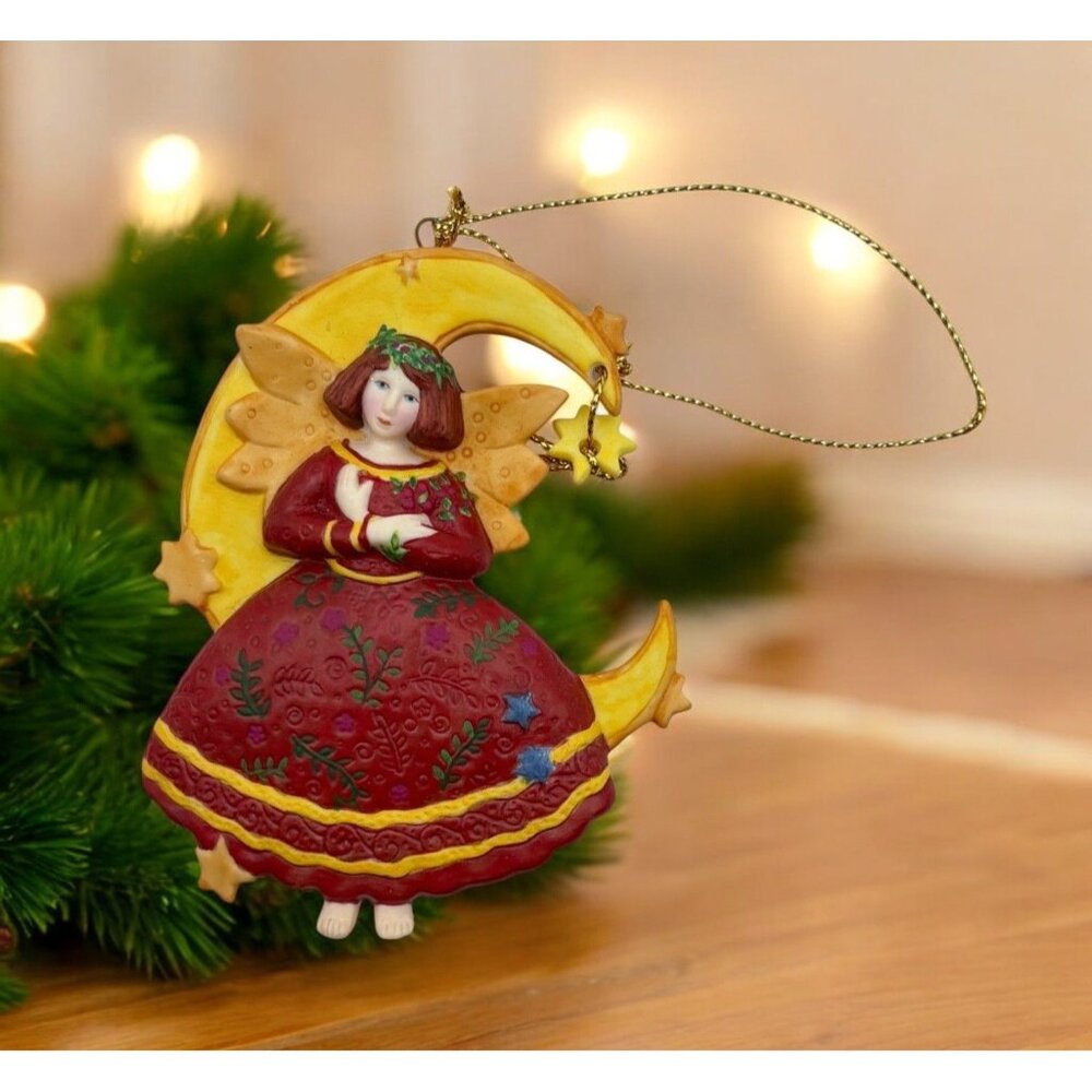 Vintage Moonstruck Christmas Ornament Old Glory Moon Angel 1999 Folk Art